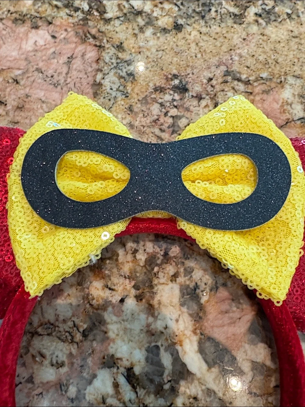 Incredibles Themed Sequin Ear Headband with Yellow Bow and Black Mask Accent